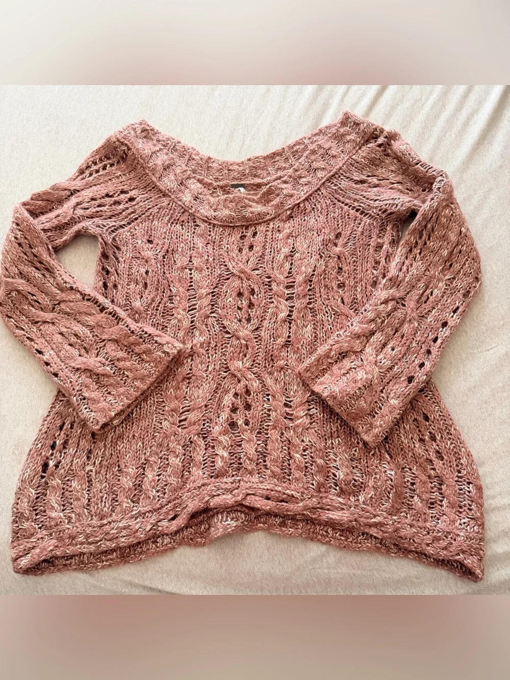 Free People pink crochet oversized bell sleeve sweater